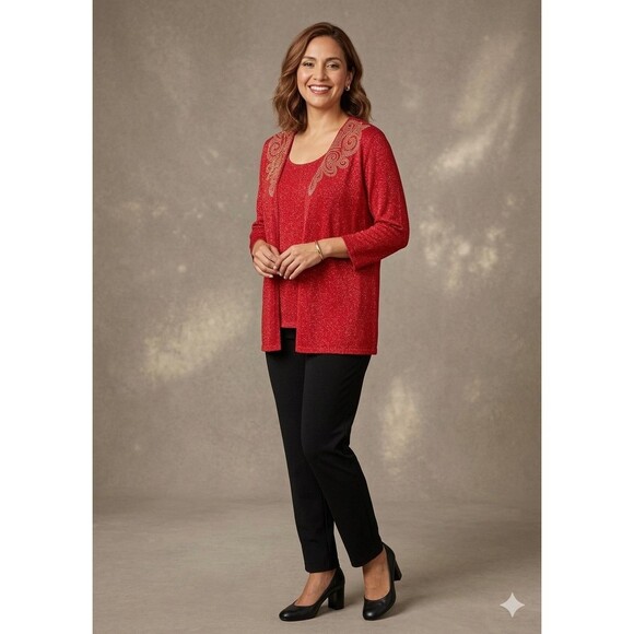 Ruby Rd. Sweaters - Ruby Rd. Red Sparkle Sweater. 2Fer. Beaded. Size  L